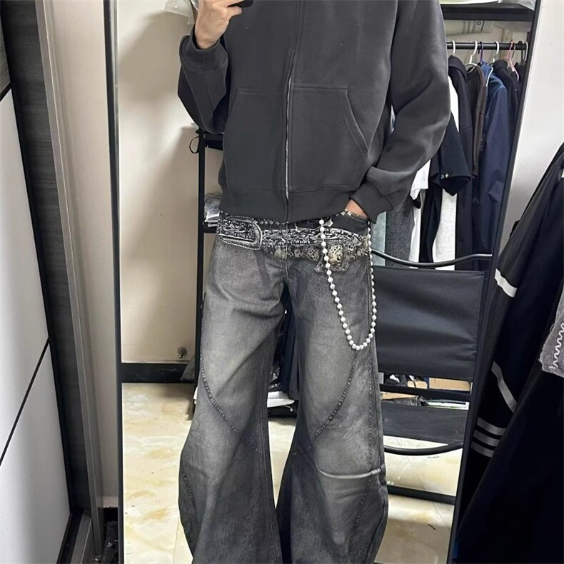 美式腰带印花牛仔裤男宽松慵懒松弛感镰刀裤潮牌廓形设计感阔腿裤,男装牛仔裤,四季星座505