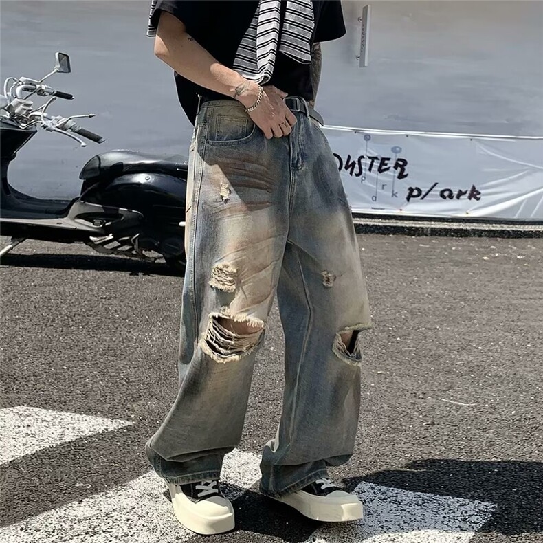 2025新款美式高街做旧牛仔裤男宽松直筒破洞阔腿裤BA110-P45,男装牛仔裤,星座208-5