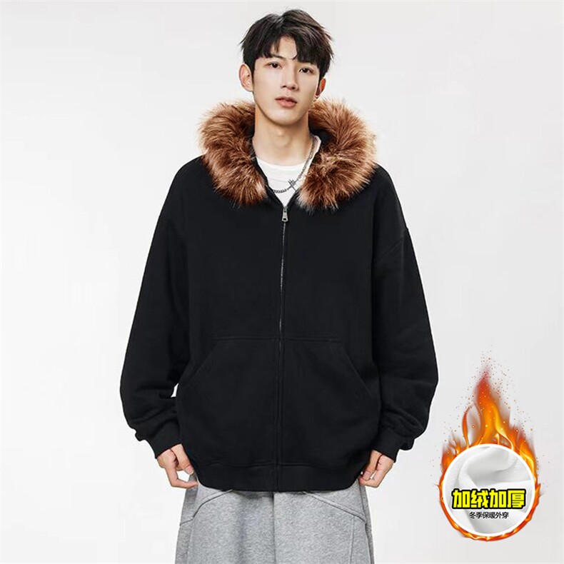 480G重磅加绒硬挺boxy秋冬美式高街超大毛领座山雕连帽卫衣厚外套，女装短外套，电商A486-1