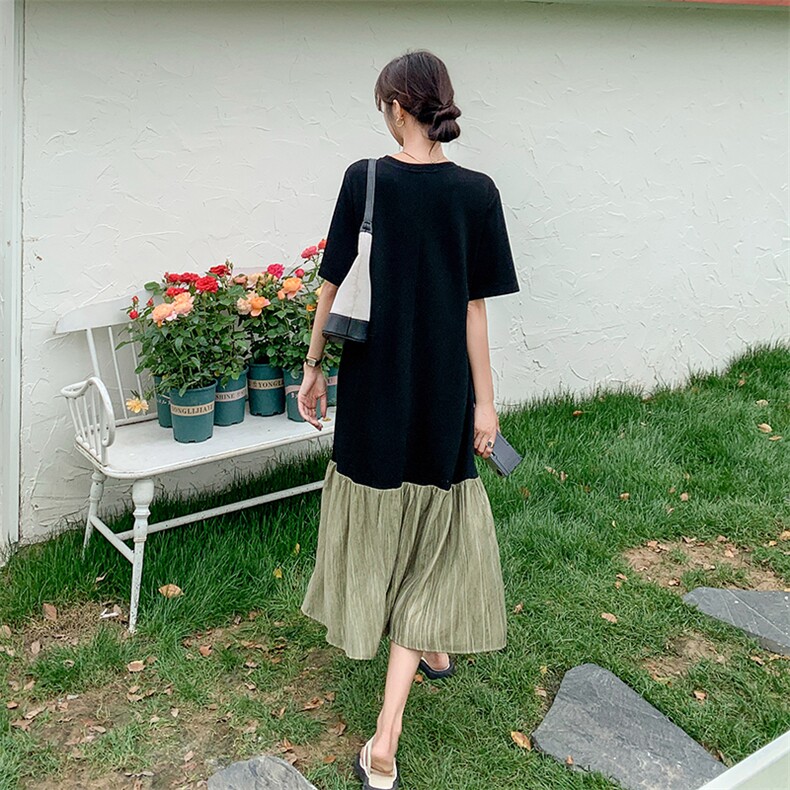 撞色拼接T恤连衣裙女2025年夏季新款高级感宽松气质显瘦过膝长裙,女装连衣裙,维壹