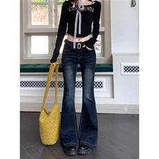 辣妹复古做旧深蓝色微喇牛仔裤女高腰弹力修身显瘦马蹄长裤，男装牛仔裤，星座506A
