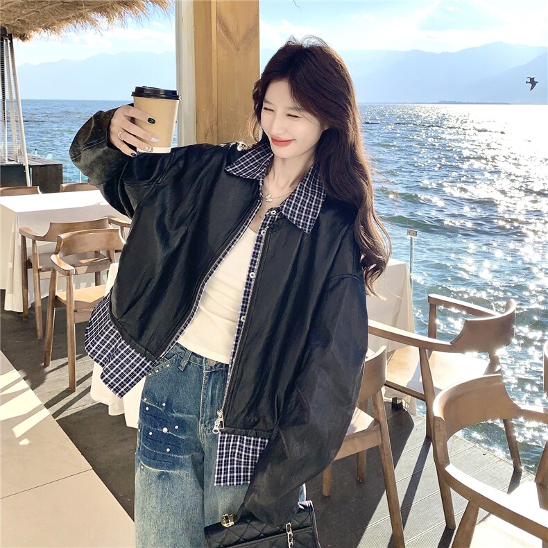 设计感假两件格纹拼接皮衣短外套女2026春季新款宽松休闲显瘦夹克，女装皮衣，艾米莉亚