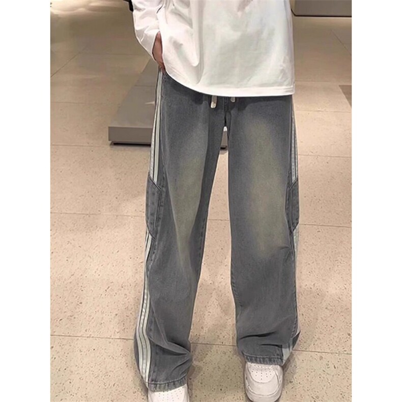 美式三条杠直筒牛仔裤男秋季抽绳裤子宽松显瘦条纹阔腿裤XD773图片