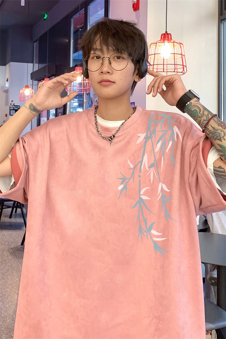男士短袖t恤夏季国风竹子印花设计潮牌大码麂皮绒高级感半袖体恤,男装T恤,电商B220