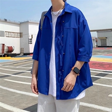 克莱因蓝潮衬衫男夏季设计感小众上衣ins冰丝七分袖C4071P28，男装衬衫，星座1116-2