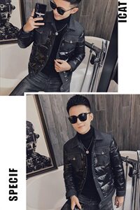 冬季社会小伙拼接牛仔亮面修身棉衣外套 大货主推M808-P135控168图片
