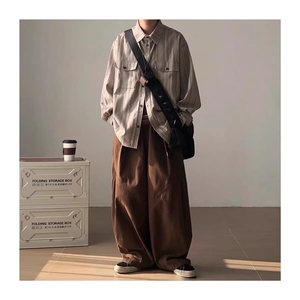 中性风秋季条纹衬衫男长袖叠穿寸衫日系复古秋天宽松休闲情侣衬衣图片