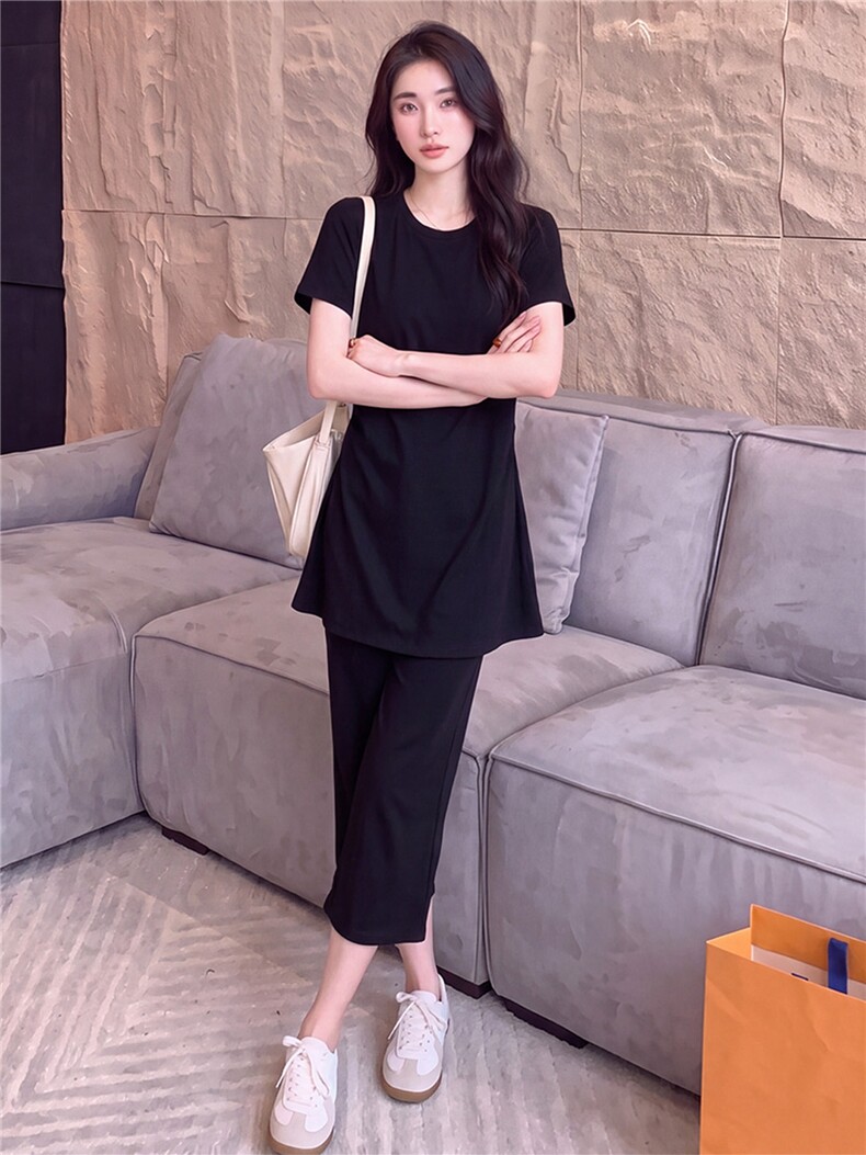 潮流时尚休闲套装女夏新款黑色圆领褶皱收腰短袖上衣九分裤两件套,女装套装/套裙,江南
