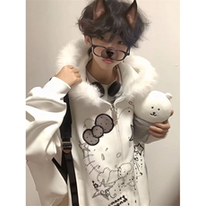 KK102-P65凯蒂猫印花大毛领连帽卫衣男款秋冬加绒加厚宽松开衫，男装卫衣，电商B323A