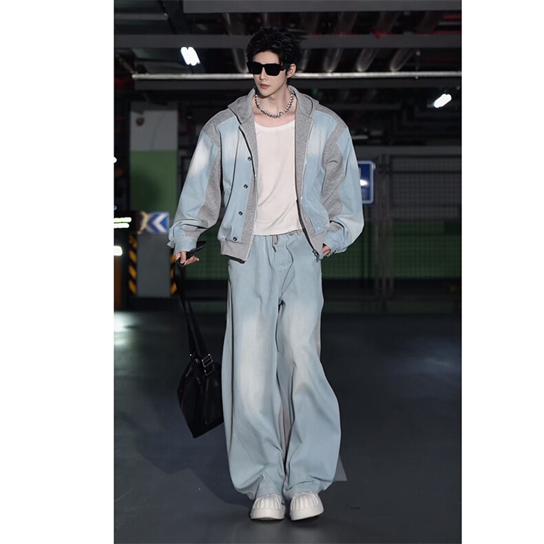 2026春款潮流牛仔拼接连帽夹克套装男W366-P153K366-P92(网图），男装夹克，电商B267
