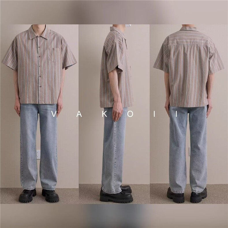 少年感条纹衬衫男夏季短袖宽松休闲小清新衬衣五分袖百搭,男装T恤,星座1210-1