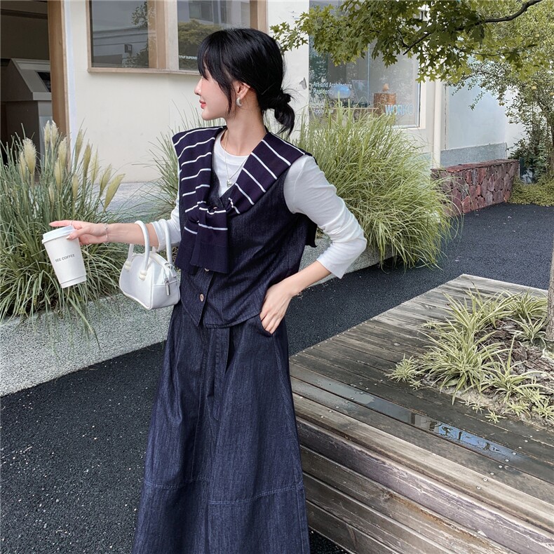 韩系chic一整套牛仔穿搭女2025秋新款小个子披肩马甲半身裙两件套,女装套装/套裙,2C057