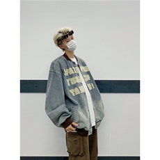 美式水洗做旧棒球服外套男秋季vibe潮牌宽松休闲字母贴布牛仔夹克，男装工装外套，星座1210-1