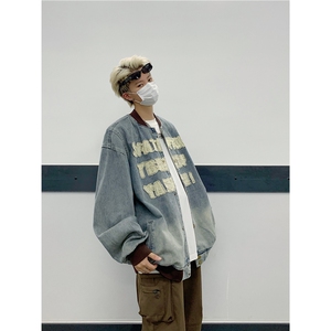 美式水洗做旧棒球服外套男秋季vibe潮牌宽松休闲字母贴布牛仔夹克图片