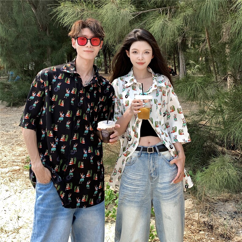 EQ412卡通印花夏季衬衫男女情侣装短袖衬衣沙滩旅游度假,男装衬衫,电商C306-1