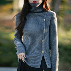 独特设计高领毛衣女加厚修身侧开叉上衣秋冬堆堆领内搭针织打底衫，女装针织衫/毛衣，佳绒包芯纱店