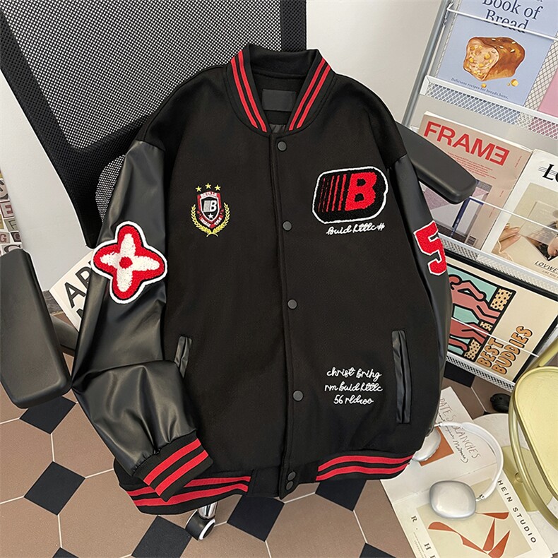 美式复古PU皮衣拼接夹克潮流宽松休闲棒球服图片