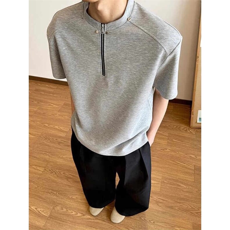 夏季新款短袖半拉链圆领短袖美式休闲重磅纯色方格T恤潮男,男装T恤,星座410-6（原星座1304-1）