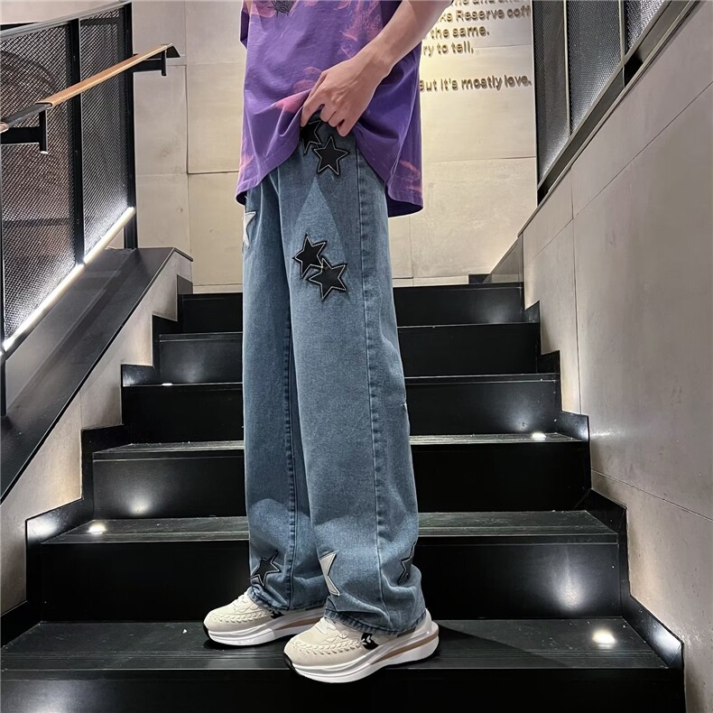 美式高街星星贴布牛仔裤宽松直筒显瘦水洗长裤男女潮,男装牛仔裤,星座410-6（原星座1304-1）