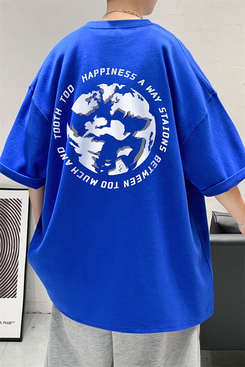 港风纯棉夏季休闲宽松新款短袖T恤地球印花情侣T6017P25控38,男装T恤,电商A268A