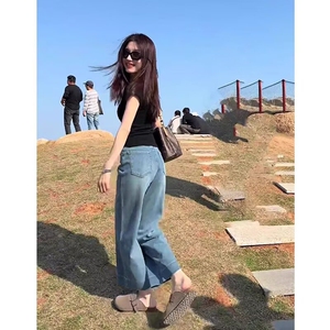 浅蓝天丝直筒牛仔裤女夏季薄款2025新款小个子女士冰丝九分阔腿裤图片