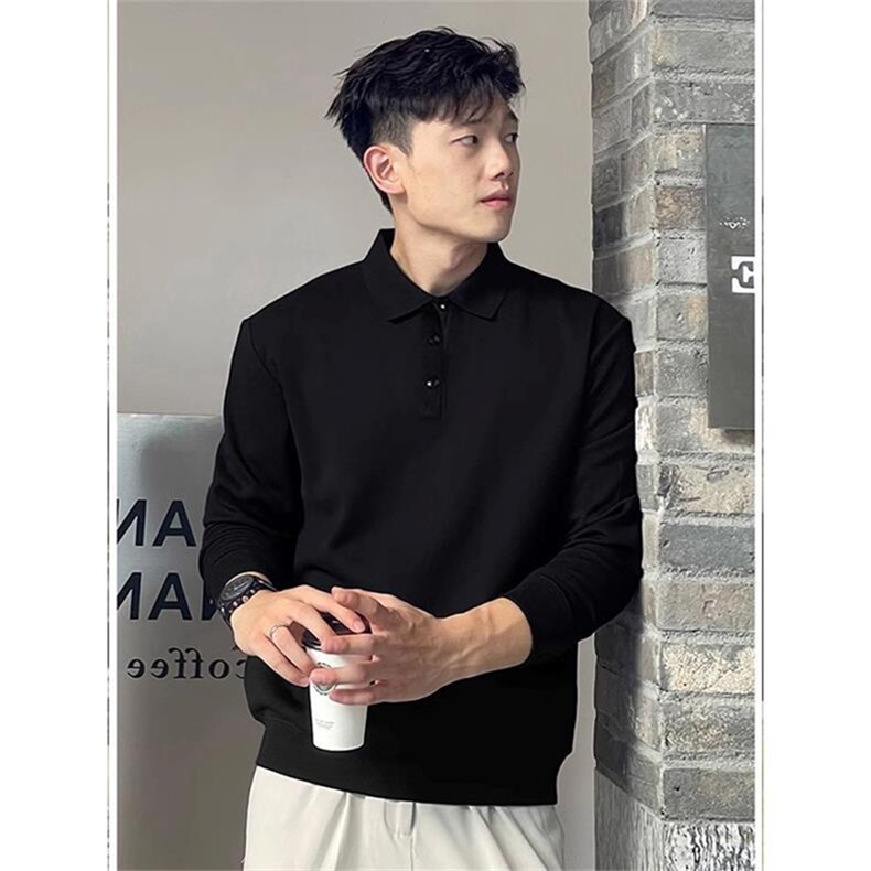 抖音得物高品质二开230克精梳珠地光版纯色宽松长袖T恤翻领POLO衫,男装T恤,电商A443