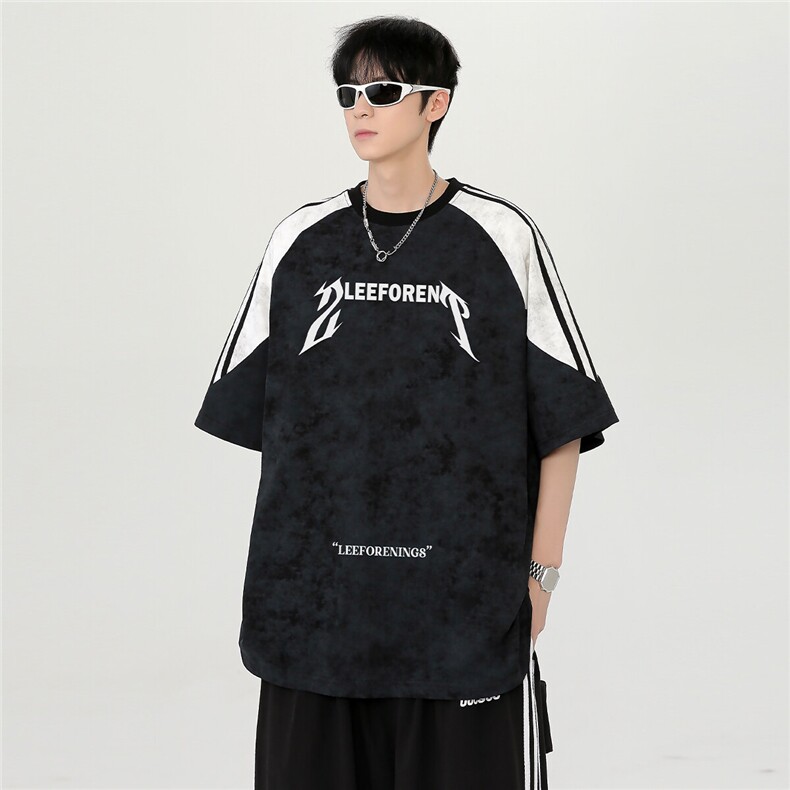 美式嘻哈潮牌撞色拼接插肩袖小众条杠前后印花短袖T恤T286-P35,男装T恤,电商C307