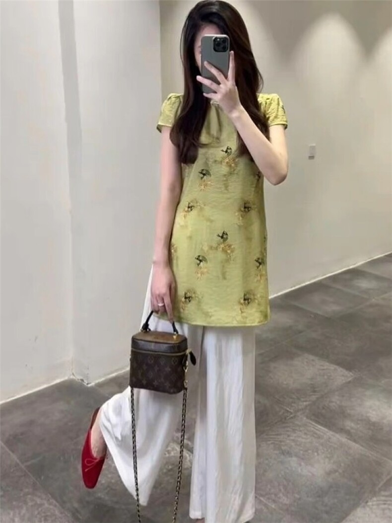 TOUCHMISS时尚气质套装女夏新中式盘扣旗袍短袖上衣阔腿裤两件套,女装套装/套裙,韩蔻秀
