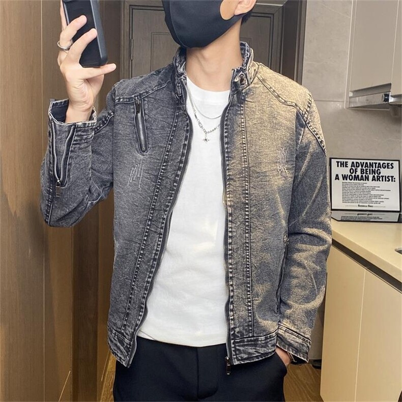 JK1823-P100牛仔外套男水洗复古立领机车夹克青年帅气修身牛仔衣,男装工装外套,电商D310B-1