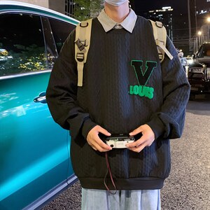 WY3627-P48秋装新款款港风华夫格毛巾绣潮流宽松男士休闲圆领卫衣图片