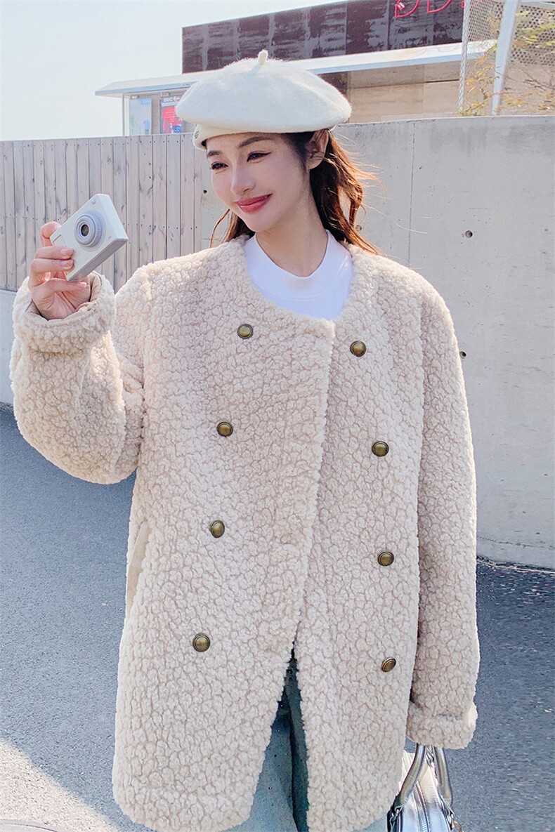 【新款现货】双排扣中长款羊羔毛时尚百搭外套8846款P185K288,女装皮草,2C316