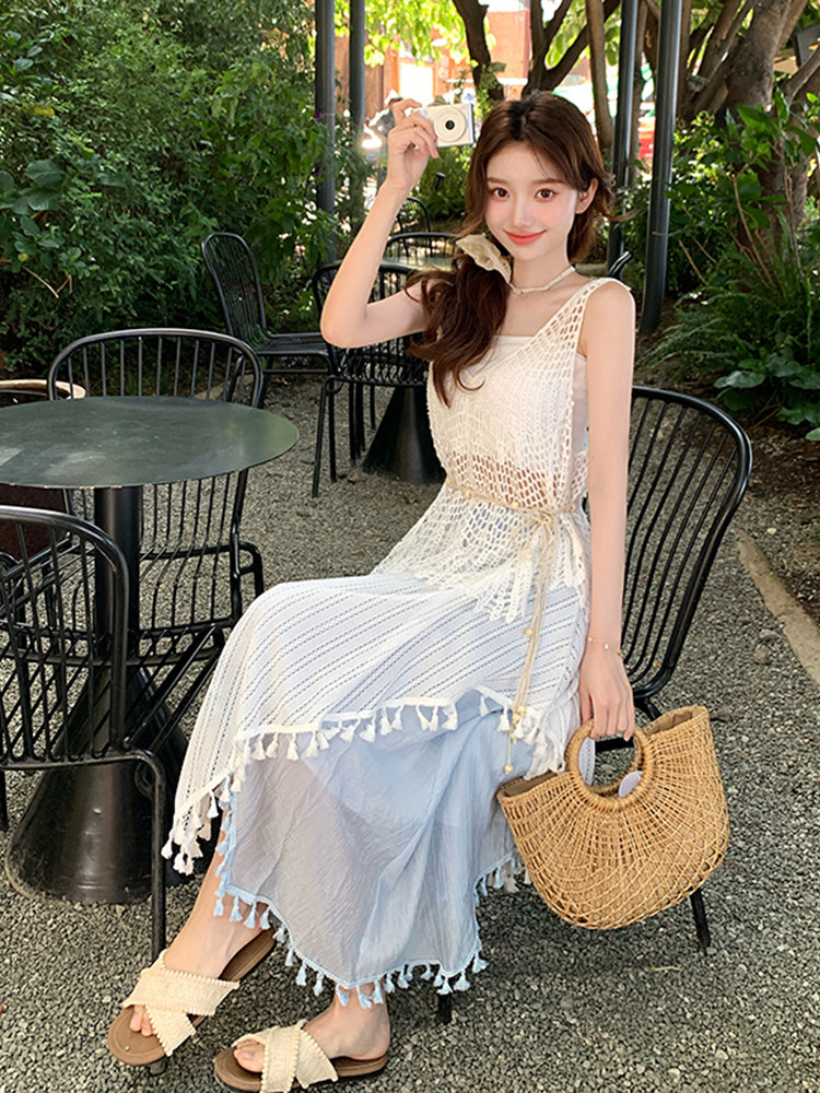 波西米亚度假风套装裙女2025夏新款镂空马甲背心流苏半身裙三件套,女装套装/套裙,浙宝220
