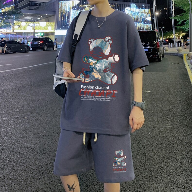 ！2024夏季新款男士潮流青少年短袖套装华夫格半袖HTZ21P50,男装T恤,电商B220