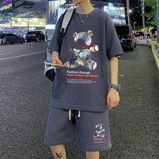 ！2024夏季新款男士潮流青少年短袖套装华夫格半袖HTZ21P50，男装T恤，电商B220