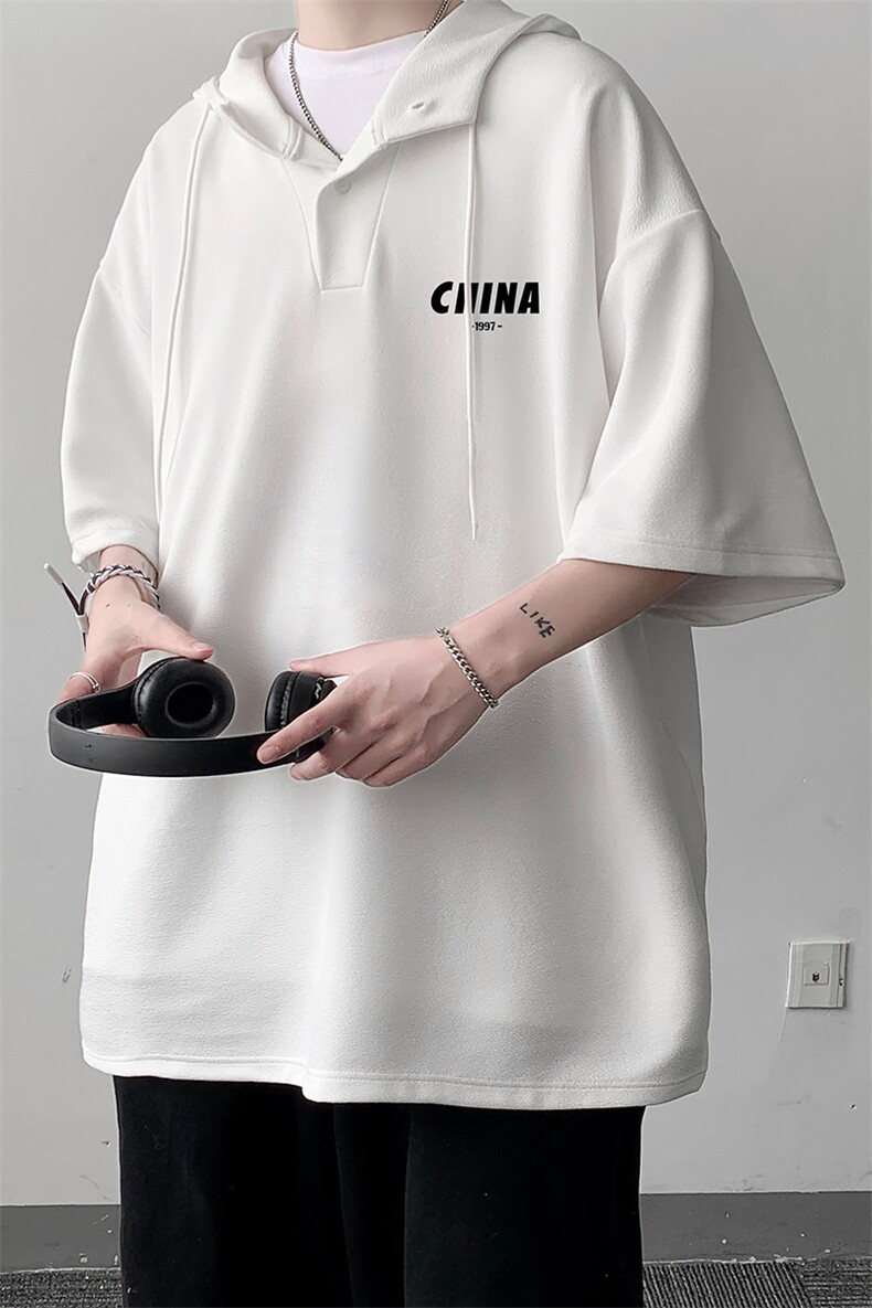 LD54248-P45连帽短袖t恤男大码胖子带帽五分袖中袖大皂风,男装T恤,电商A040