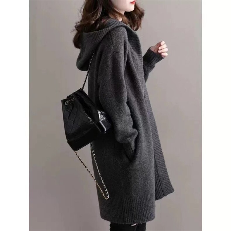 连帽中长款开衫外套女慵懒风加厚保暖宽松长袖羊毛针织衫外搭，女装羊毛衫，忠诺羊绒