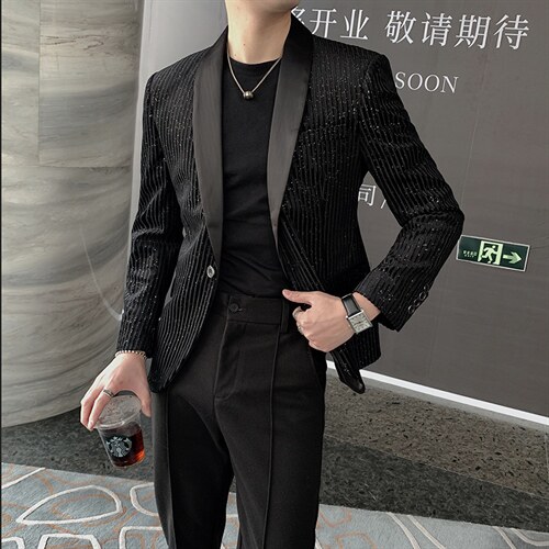 新款亮片条纹修身小西装外套男韩版网红夜店个性西服 XZ021-P135图片