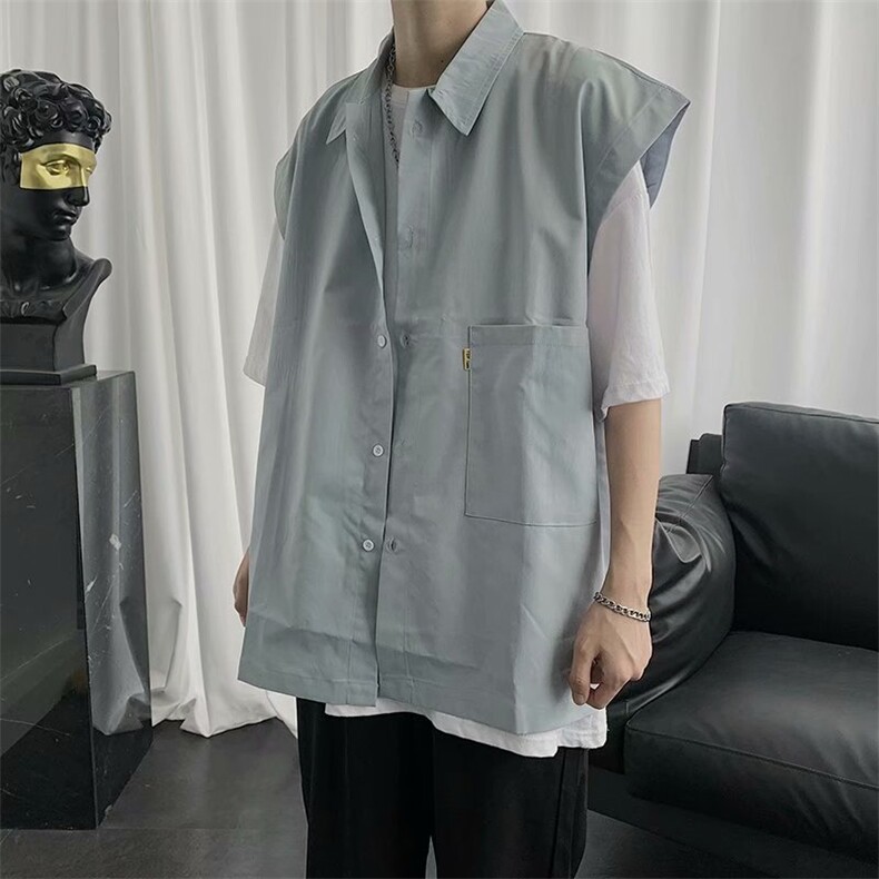 无袖衬衫男宽松港风日系ins夏季薄款外穿衬衣韩版潮流百搭C07-P28，男装衬衫，星座1008-1