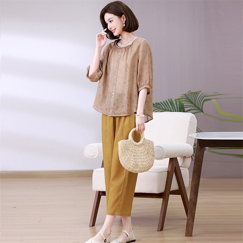 纯苎麻碎花衬衫女2024夏季新款时尚高端休闲宽松妈妈小衫短袖上衣，女装套装/套裙，独衣靓