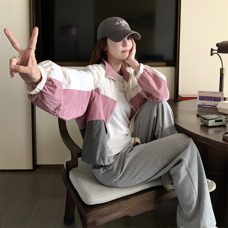 撞色拼接冲锋衣外套女2025春秋新款韩系学院风宽松休闲小个子夹克,女装短外套,浙宝276（原081）