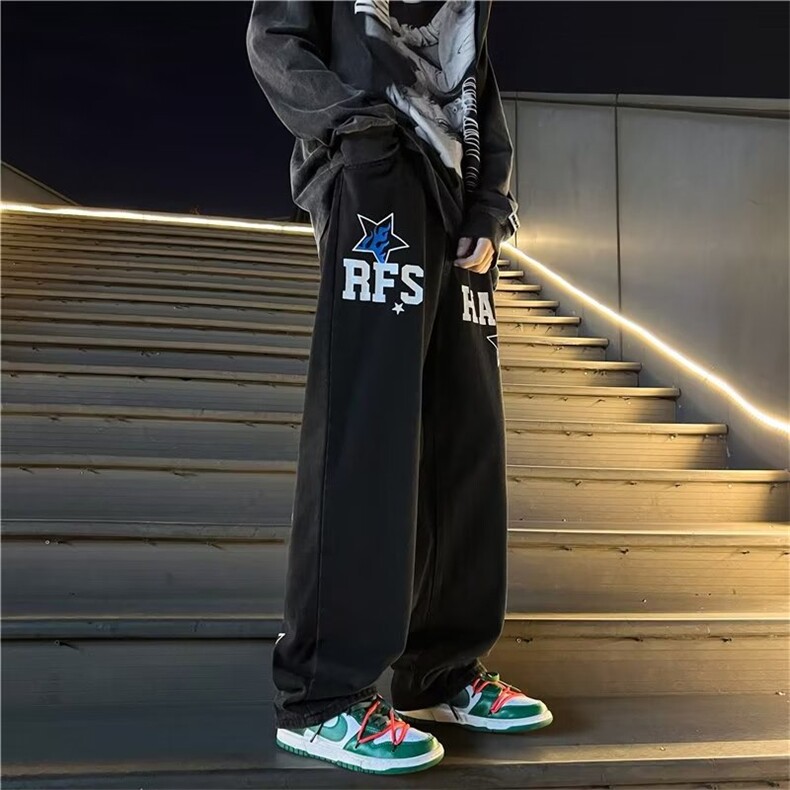 潮美式高街头嘻哈刺绣字母牛仔裤男女潮宽松直筒拖地NT295P40,男装牛仔裤,星座1116-2