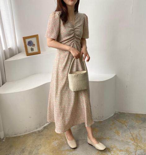 V领收腰碎花连衣裙，女装连衣裙，土布鱼