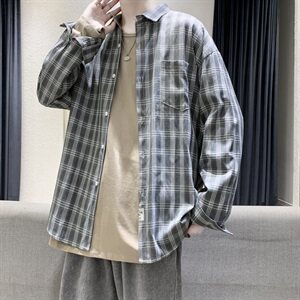 港风秋季小清新外穿长袖衬衫男 百搭休闲格子衬衣外套CS22/P45图片