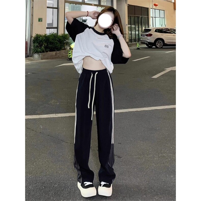 AK2363-P35美式侧白边阔腿裤复古三道杠宽松休闲垂感直筒运动裤，女装休闲裤，星座617A-2