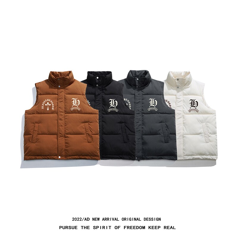 港风22秋冬新品十字印花羽绒马甲休闲百搭无袖外套MJ103P115控158，男装背心/马甲，电商A247-1