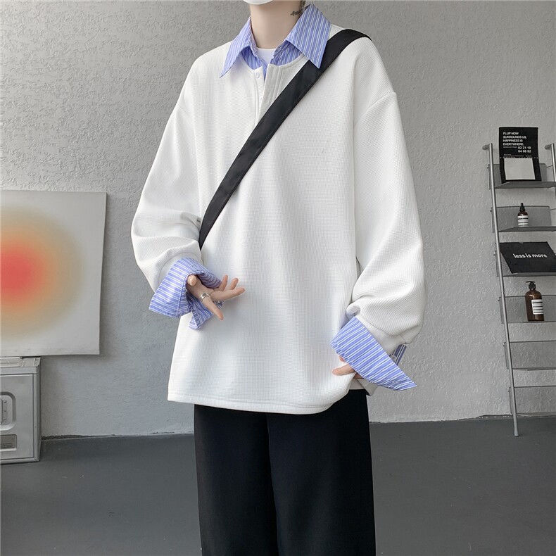 M-8XL假两件撞色polo衬衫翻领卫衣亨利领大码长袖上衣WY5117特P45,男装衬衫,电商B238