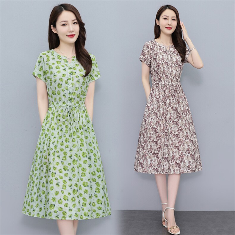203夏季时尚简约百搭花色棉麻风短袖长款连衣裙，女装连衣裙，鑫思依格