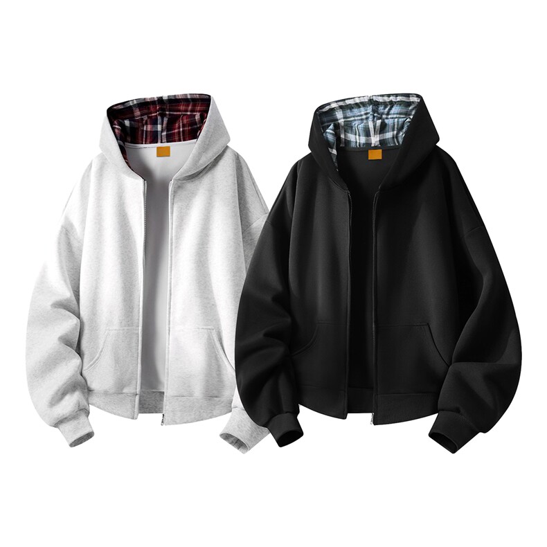 抖音得物二开25秋冬美式重磅假两件格子连帽卫衣开衫外套W17，男装卫衣，电商A486-1