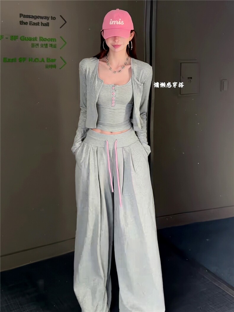 女春新款欧货时尚休闲套装修身显瘦开衫上衣内搭吊带阔腿裤三件套,女装套装/套裙,江南