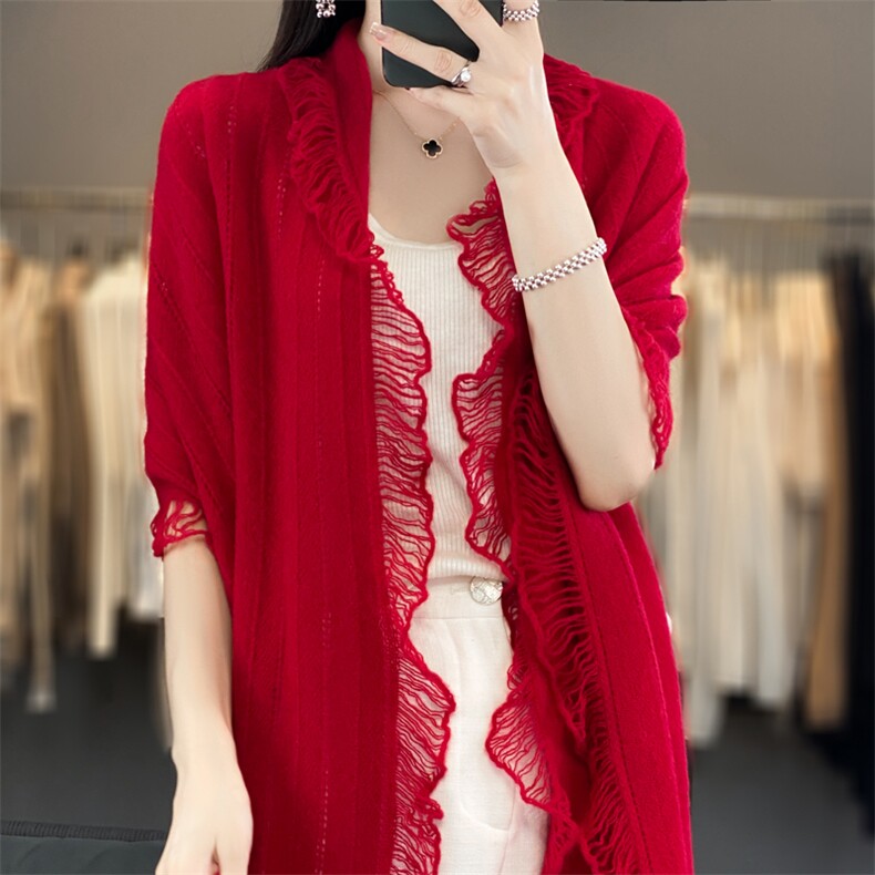 2024年秋季简约时尚纯色抽条流苏羊毛披肩，女装羊毛衫，羿纯羊绒